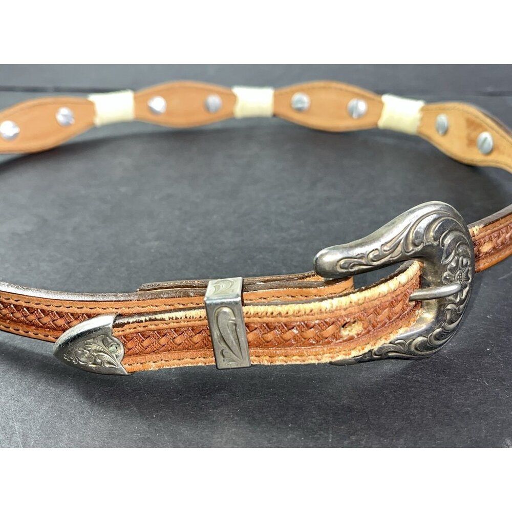 Vintage Mexican Leather Belt With Silver Decorative Buckle & Concho Sz 32 Alpaca - Picture 2 of 12
